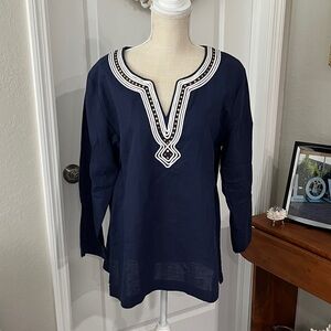 Pappagallo Dark Blue Linen Cotton Tunic with White Trim Gold Sequins NWOT SZ L